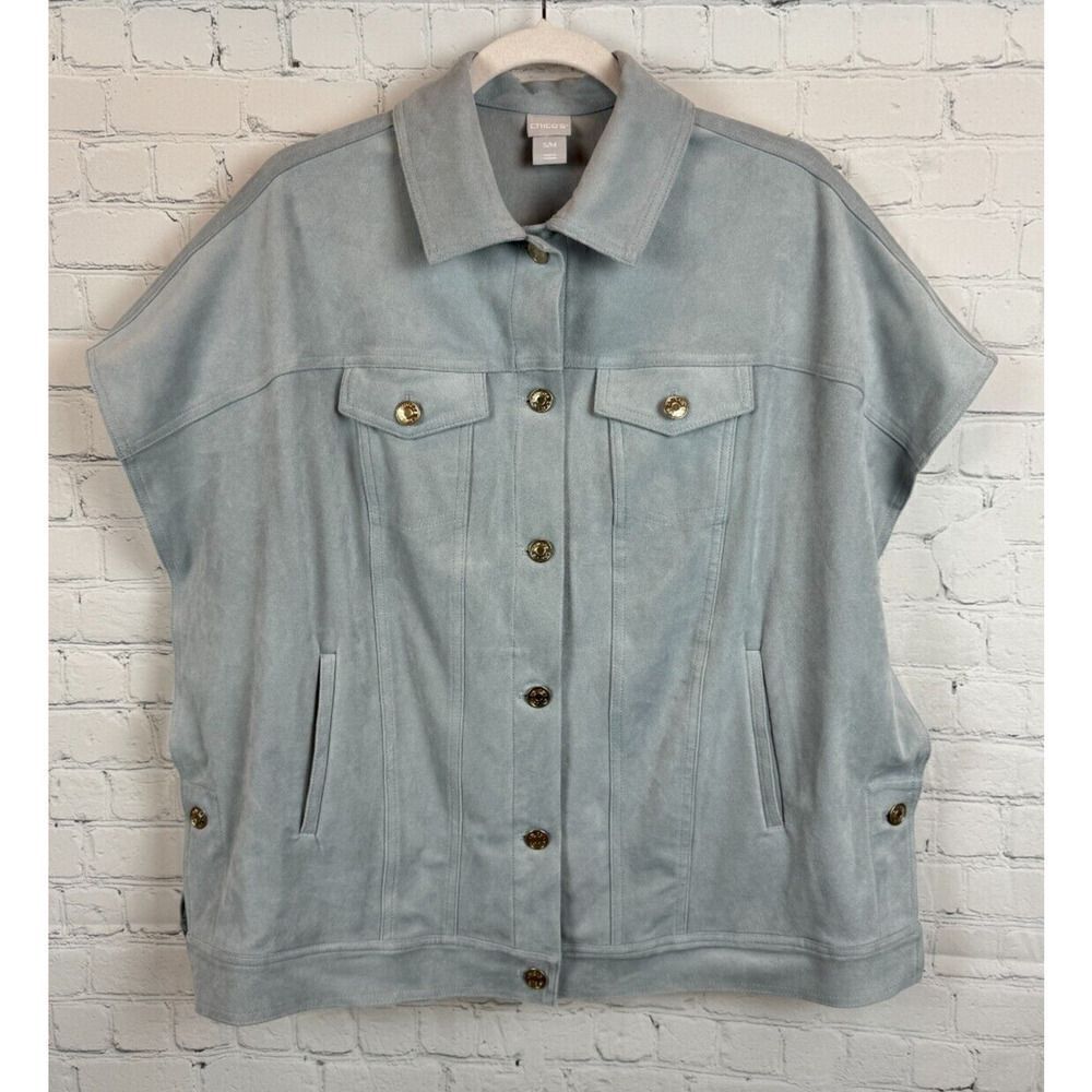 CHICO'S ash blue faux suede oversized sleeveless button jacket vest S/M NWOT